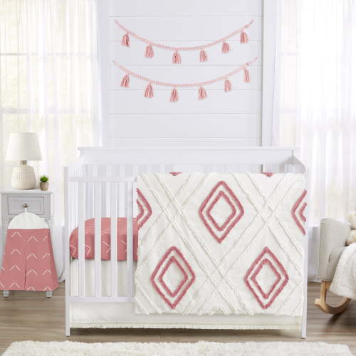 Sweet Jojo Designs Diamond Tuft Mauve Pink Ivory Off White 4 Piece Crib Bedding Set