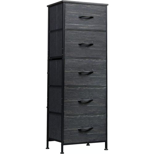 WLIVE Fabric Dresser, 5-Drawer Tall Dressers for Bedroom, Storage Dresser Organizer with Wood Top, Sturdy Steel Frame, Chest of Drawers for Closet, Hallway, Charcoal Black Wood Grain Print