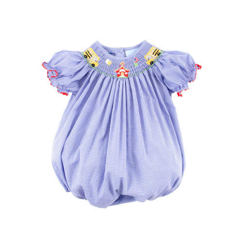 School Bus Smocked Royal Gingham Bishop Bubble