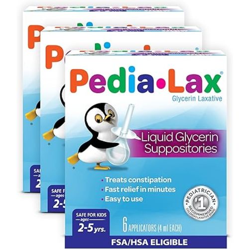 Pedia-Lax Liquid Glycerin Suppositories for Kids Ages 2-5, Gentle Constipation Relief Laxative for Children, 6 Count, Pack of 3