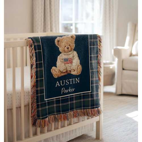 Personalized Woven Teddy Bear Blanket, Custom Bear, Preppy Tartan Plaid Throw, Vintage Baby Boy Nursery Decor, Luxury Baby Shower Gift