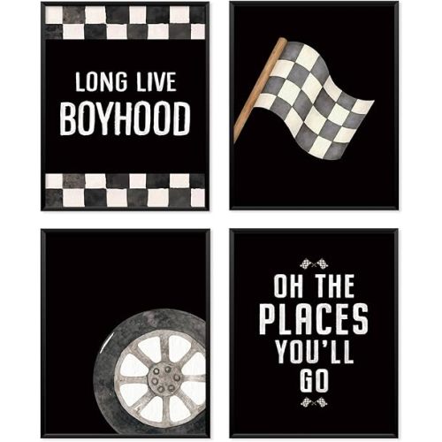 Locomiss Black Boys Race Car Room Wall Decor, Toddler Nursery Boy Race Cars Art Themed Checkered Play Room Wall Decor Posters For Boys, Toddler Bedroom Playroom Essentials, Set of 4(8x10 Unframed)
