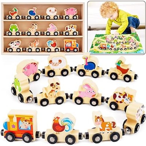 Montessori Wooden Train Toy for 1 2 3 Years Old Toddlers | 12 Magnetic Animals Train Kids Box, STEM Educational Toy with Game Map | 1st 2nd Birthday for Boys Girls