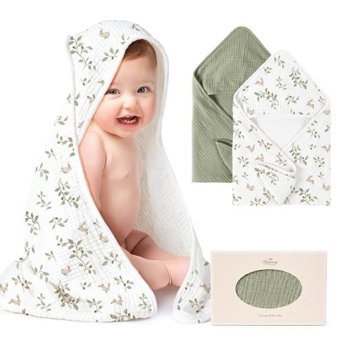 Konssy 2-Pack 100% Muslin Cotton Hooded Baby Bath Towels for Boys and Girls
