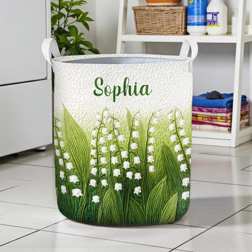 Custom Floral Laundry Basket with Lily of the Valley, Green Quilt Storage Basket, Cottagecore Laundry Bin Decor,Lily of the Valley And Moon
