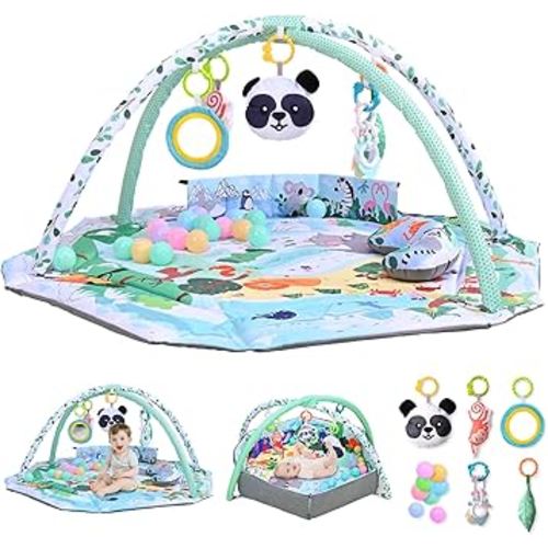 Baby Play Gym & Activity Mat,10-in-1 Tummy Time Mat,Panda Washable Baby Playmat with Detachable Toys,2 in 1 Baby Mat & Fence for Sensory Exploration and Motor Skill Development at Different Stages