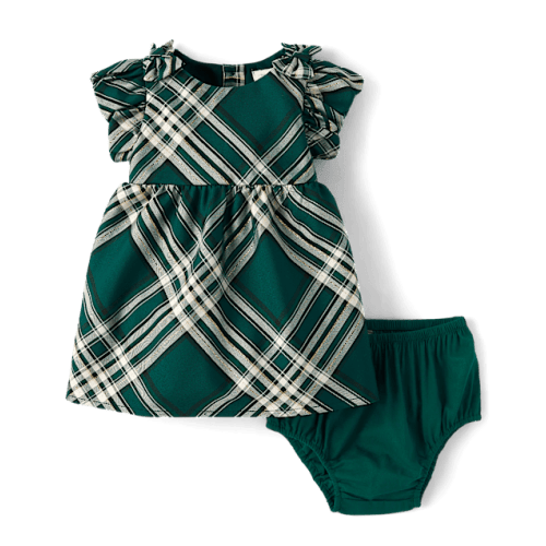 Baby Girls Matching Family Bow Plaid Satin Fit And Flare Dress - Green
