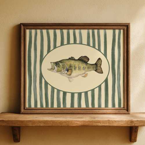 Fish Theme Nursery Wall Decor Watercolor Bass Artwork Green Personalized Stripe Nursery Boy Print with Frame Cabin Art Country Home Decor