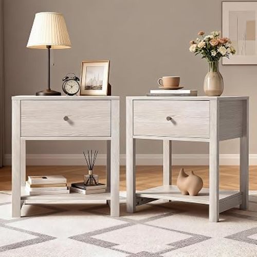 White Nightstand Set of 2, Modern Nightstand Bedside Table with Drawer and Large Storage Shelf, End Tables Side Tables for Bedroom, Mesa de Noche for Small Spaces