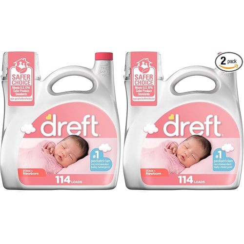 Dreft Stage 1 Newborn Baby Liquid Laundry Detergent,Gentle on Sensitive Skin,HE Compatible,114 loads,(Pack of 2)