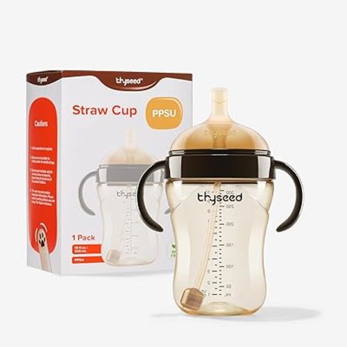 thyseed PPSU Weighted Straw Cup with Handles Toddlers Transition Bottles to Sippy Cups No Spill Learner Milk Water Baby Bottle Soft Silicone Spout Dishwasher Safe BPA Free 6+ Months 10oz/300mL 1 Pack