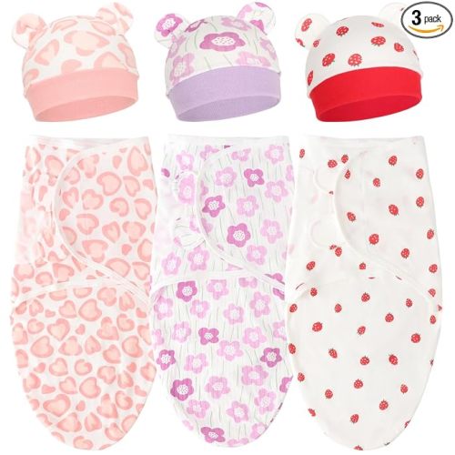 DRESHOW BQUBO 3 Pack Newborn Baby Swaddle Blanket with Hats Infant Adjustable Swaddling Wraps with Bear Ears Cap for 6-12 Lbs Newborns & 0-3 Months Girls Boys