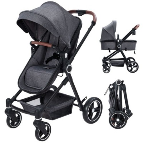 Acekool 2-in-1 Pushchair Reversible Infant Seat & Bassinet with One-Hand Fold, Recliner & Extra-Large Canopy – Dark Gray