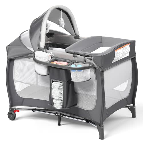 Kinder King 4 in 1 Portable Pack and Play, Baby Playard w/Bassinet, Large Playpen for Infant and Toddler, Newborn Changing Table, Adjustable Canopy, Storage Basket, Travel Bag, Grey