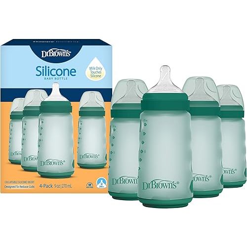 Dr. Brown's Silicone Baby Bottle with Collapsible Insert Designed to Reduce Colic, 9 oz with Wide-Neck Level 2 Medium Flow Nipple, 3m+, Green, 4-Pack