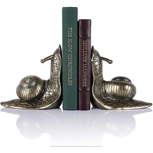 Snail Bookends in Brass-Tone Finish Set of 2 – Fun Metal Animal Bookends, Heavy & Non-Slip Holders for Bookshelf, Desk, Home & Office, for Animal Lovers