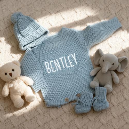 Personalized Coming Home Outfit Boy, Knitted Baby Romper with Hat Booties, Newborn Hospital Set, Custom Name Sweater Onesie, Baby Shower
