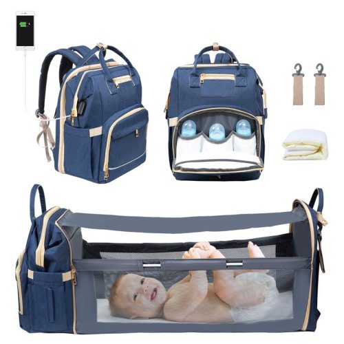 WiseWater Diaper Bag Backpack with Changing Station, Unisex Baby Travel Nappy Bags with Portable Crib, Blue