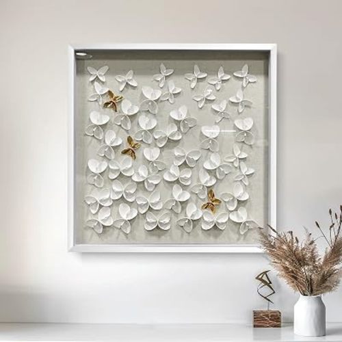 ​BrightA​ 3D Textured wall decorations, leather and metal-tinged golden and white metal butterfly wall sculptures, large artworks, gradient colors, modern artworks, suitable for decoration in living rooms and bedrooms (23.6"x23.6", White wooden frame)