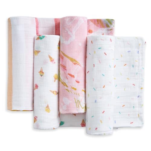 aden + anais Essentials Cotton Muslin Swaddles, Breathable Baby Blanket, Ideal for Boys, Girls, Newborns, Babies & Infants, Receiving Blanket, Soft and Lightweight Wrap, 4 Pack, Ice Cream Dreams