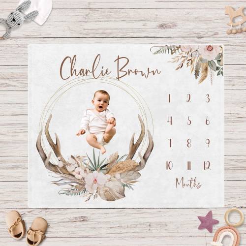 Personalized boho deer antler monthly milestone blanket girls, Floral hunting deer Baby name blanket, Newborn gift, Minky sherpa blanket