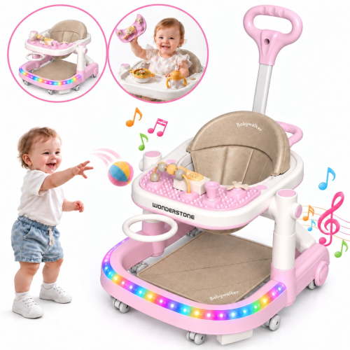 WonderStone 7-in-1 Baby Walker, Foldable Baby Activity Center with Mini Basketball Hoop, Music & Lights, Baby Bouncer Jumper Learning Toy for Boys and Girls Ages 6–12 Months (Pink)