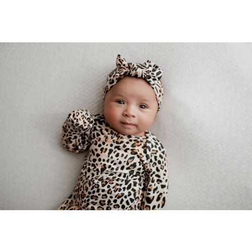 Baby Girl Knotted Gown & Bow Set - Leopard
