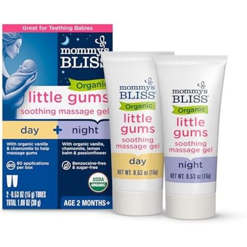 Mommy's Bliss Organic Little Gums Soothing Massage Gel Day and Night Combo, Great for Teething Babies, Age 2 Months+, Sugar Free, Mild & Sweet Flavor, 2 - 0.53 Oz Tubes (Pack of 1)