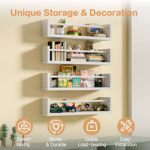 VUSIGN 4-Tier Wall Kids Bookshelf, 23.6 Inch Floating Nursery Book Shelves for Kids Room Toddler Bedroom Furniture Toy Storage