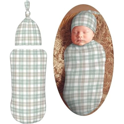 Sage Green and Taupe Watercolor Plaid Newborn Swaddle Blankets Baby Receiving Blanket Soft Swaddle Blanket with Hat Sets for Baby Shower Girl Boy Gift