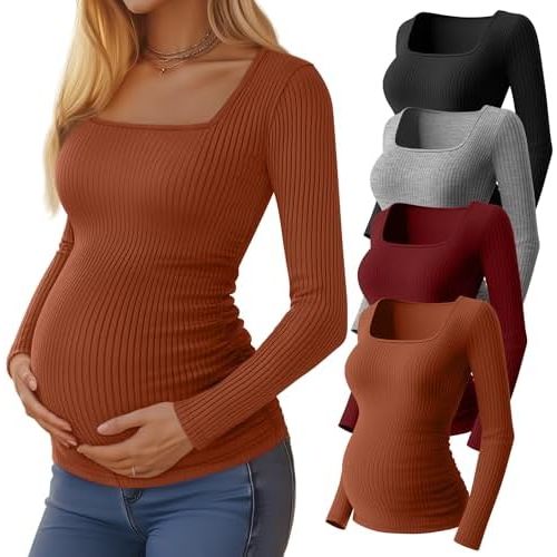 Huukeay 4 Pack Women's Maternity Shirts Cotton Ribbed Long Sleeve Square Neck Pregnancy Tunic Tops Side Ruched Basic Tee