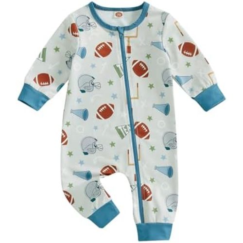 Aopwsrlyi Infant Baby Boy Football Outfit One Piece Long Sleeve Zipper Jumpsuit Newborn Boy Game Day Football Bodysuit