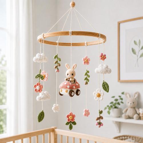 Crocheted Bunny Car Baby Mobile, Whimsical Floral Nursery Decor