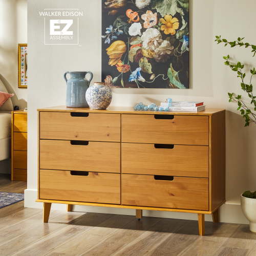 Walker Edison 6 Drawer Solid Wood Dresser with Cut Out Handles, Caramel Brown
