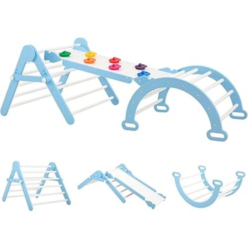 FUNLIO Foldable Pikler Triangle Set, Montessori Climbing Set with Solid Wood for Toddlers 2-6 yrs, Adjustable 3-in-1 Indoor Play Gym with Arch/Slide/Climbing Rock/Triangle, Easy to Install - Blue