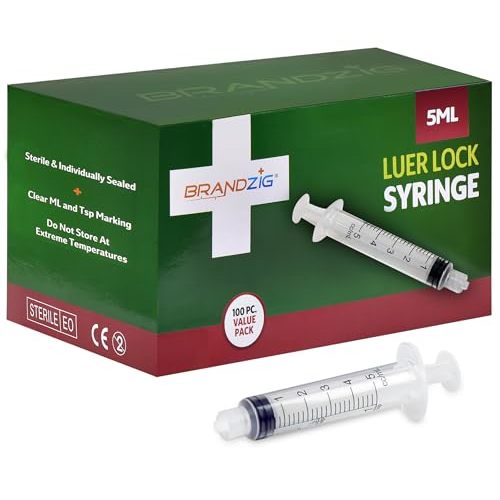 5ml syringe luer lock (No Needle) - Sterile, Individually Wrapped - 100 Pack - for Professional & Personal Use