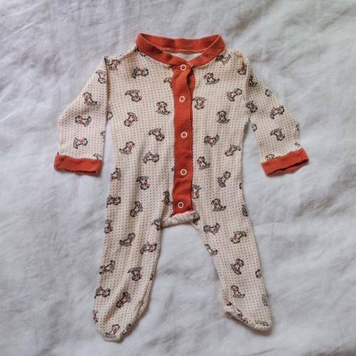 Vintage 1970s Baby Footed Pajamas Puppy Print Snap Front Cream Rust Infant Sleeper (1-3 Months - Read Description)