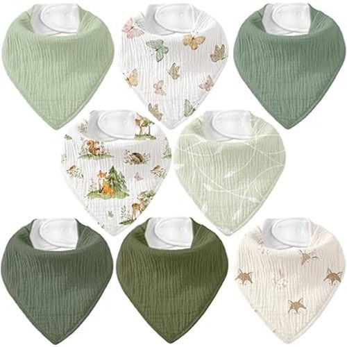 Muslin Baby Bibs 8 Pack, Baby Bandana Drool Bib for Drooling and Teething, Cotton Soft Absorbent for Girls Boys (Sage Green Jungle Animals)