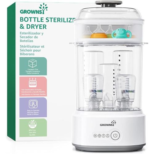 GROWNSY Compact Baby Bottle Steriliser and Dryer, 8-Minute Sterilisation | Holds 5 Bottles, Pacifiers & Pump Parts, 3 Modular Configurations, Simple Controls and Storage Mode for Home or Travel, Grey
