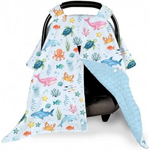 Sea Animals Baby Car Seat Cover, Summer Carseat Covers for Baby Boys Girls, Multi Use Nursing Covers for Mom Newborn Shower Gift