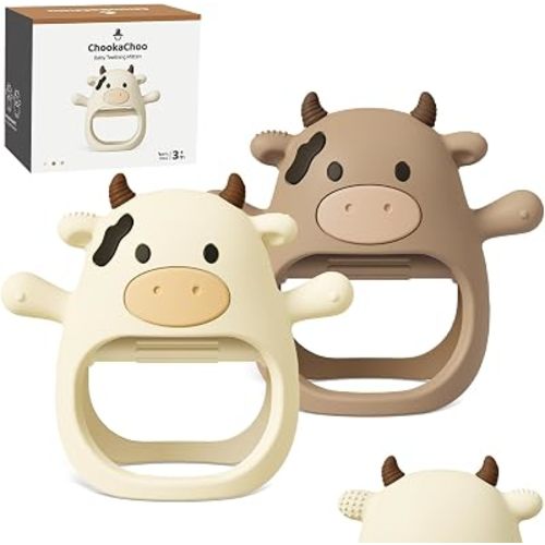 2 Pack Baby Teething Toy for Over 3 Months, Food Grade Silicone Teething Mitten, Anti Dropping Wrist Hand Teethers Baby Chew Toys for Sucking Needs, BPA Free (MooMoo Cow)