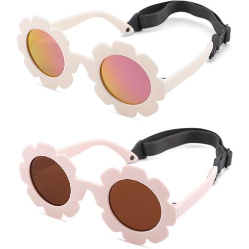Bouryo Flexible Baby Polarized Flower Sunglasses with Strap Bendable Frame for Infant Boys Girls Ages 0-24 Months