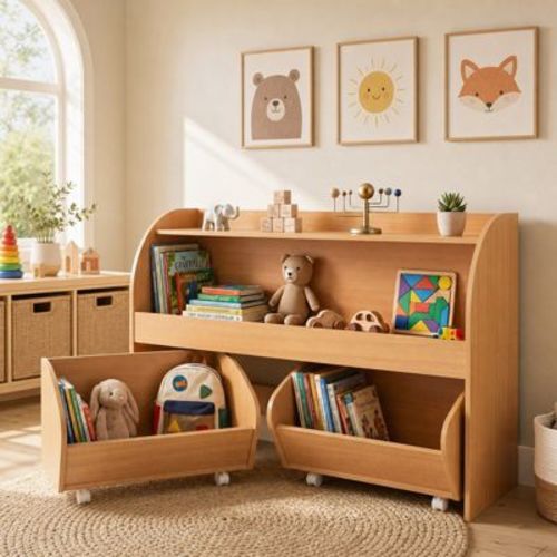 Kids Toy Storage Organizer with 2 Rolling Drawers and Bookshelf in Natural