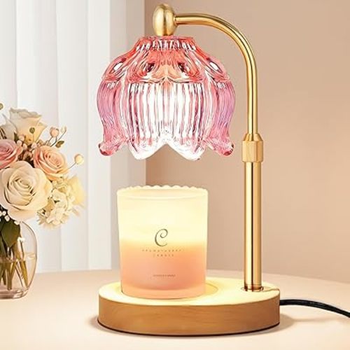Adjustable Flower Candle Warmer Lamp with Timer, Lotus Tulip Glass Warmer Light for Jar Candles, Electric Wax Warming Melter, Gifts for Women Mom, Vintage Bedroom Decor (Pink)