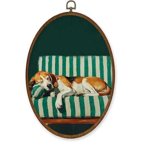WULQYING Vintage Beagle Sofa Wall Art Decor, Beagle Dog Lover Oval Framed Canvas Art Prints, Emerald Striped Sofa Animal Wall Hanging Decor for Home Living Room Gallery Apartment, 8.6x11.4 Inches