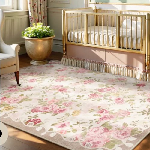 Nina Washable Romantic Vintage Floral Rose Garden Pink and Beige Rug