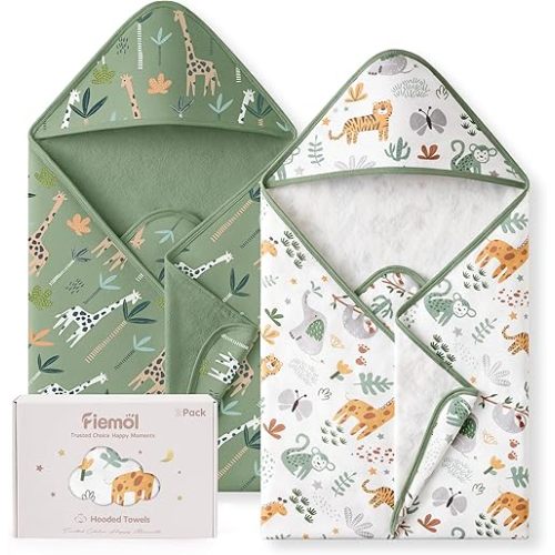 Hooded Baby Towels for Newborn,100% Cotton Baby Bath Towels with Hood for Infant Toddler Boy Girl, 2 Pack 32x32 Inch Soft & Absorbent Knit Terry Bath Essentials Green Giraffe
