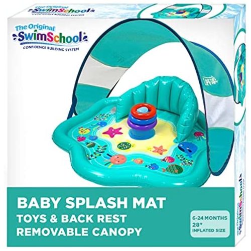 SwimSchool Baby Splash Play Mat Seat, Inflatable Pool for Babies & Infants with Backrest and Canopy, Includes Three Stackable Ring Baby Water Toys (SSI11261Z)