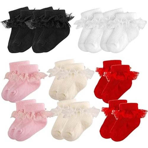 Baby Girl Ruffle Socks Eyelet Double Lace Turn Cuff Ankle Frilly Dress Socks for Newborn/Infant/Toddler/Little Kids