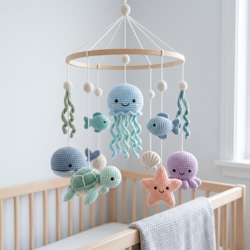 Handmade Crochet Ocean Baby Mobile, Sea Creatures Crib Decor